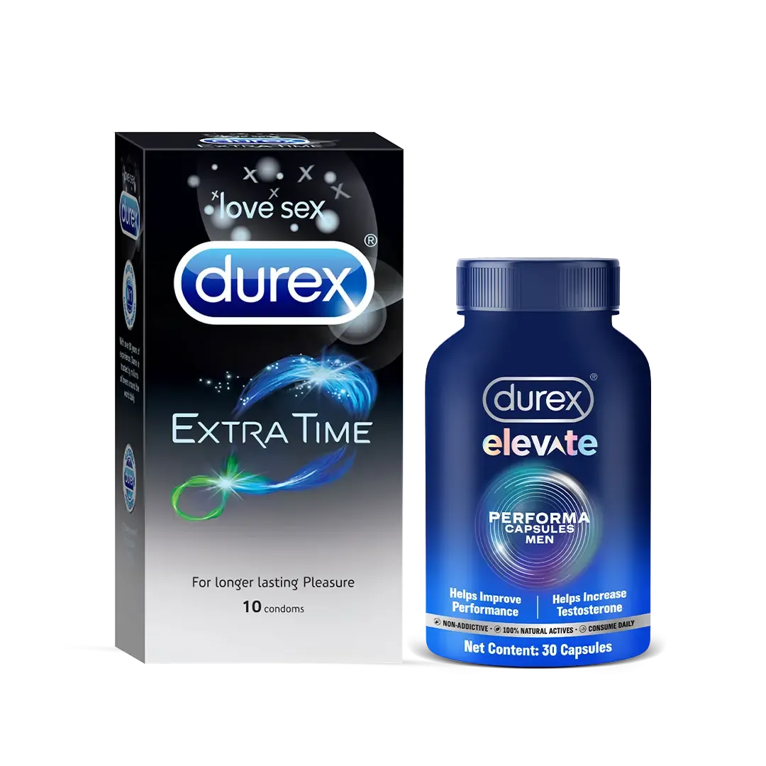 Durex Extra Time Condoms and Elevate Performa Capsules Longer Play Combo Pack