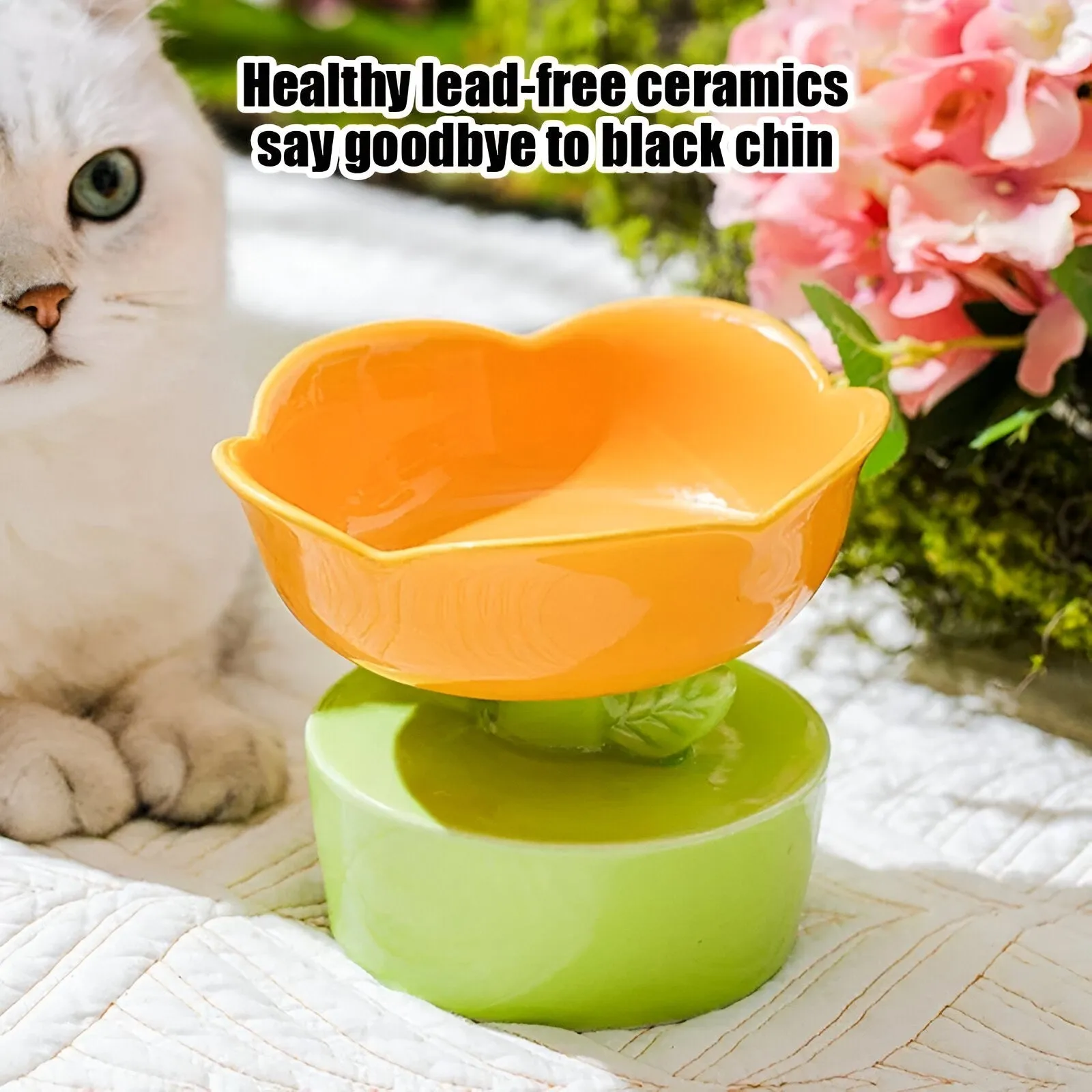 Flower-Shaped Ceramic Cat Food and Water Bowl