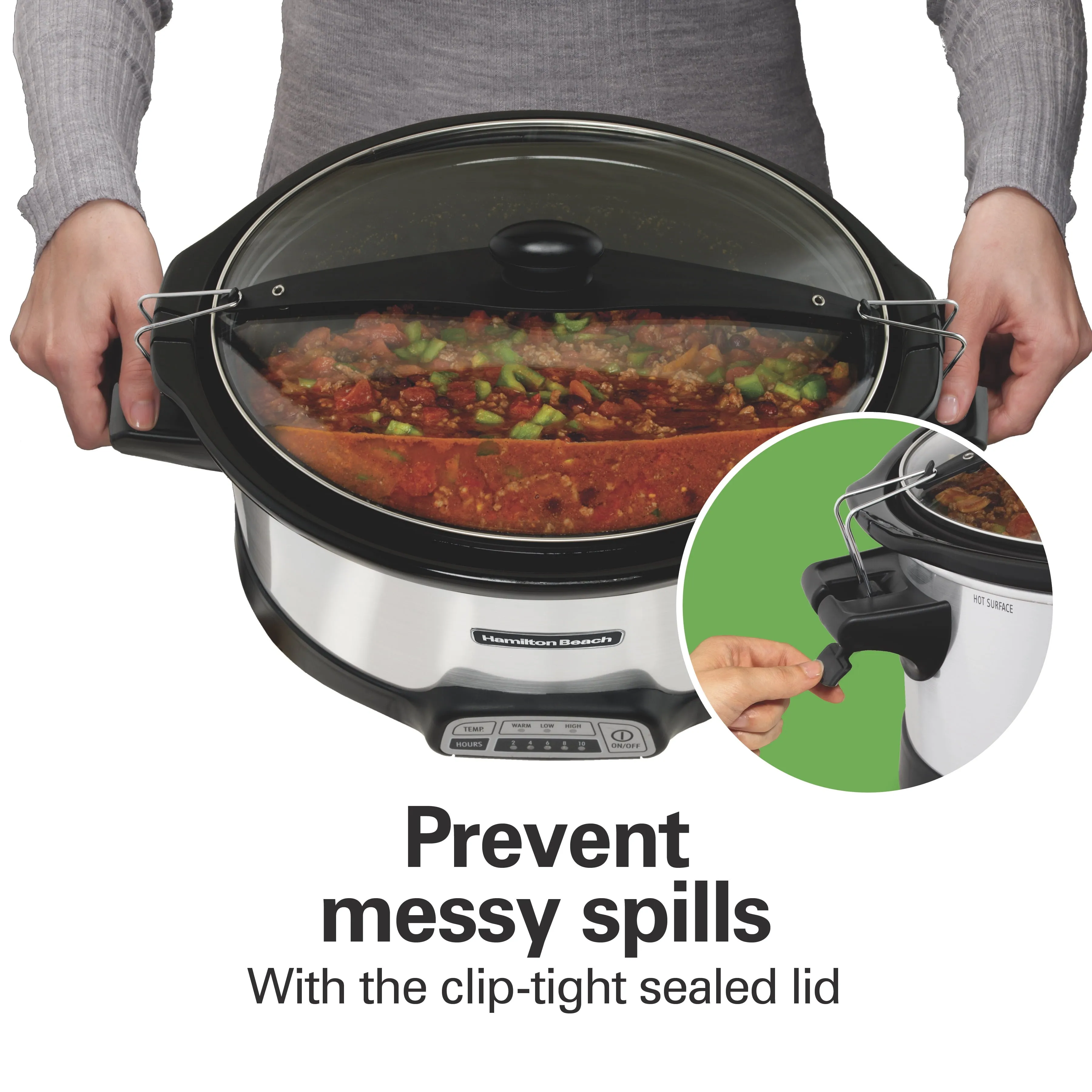 Hamilton Beach Programmable Slow Cooker, 7 Quart Capacity, Lid Lock for Portability, Dishwasher Safe Removable Crock, Silver