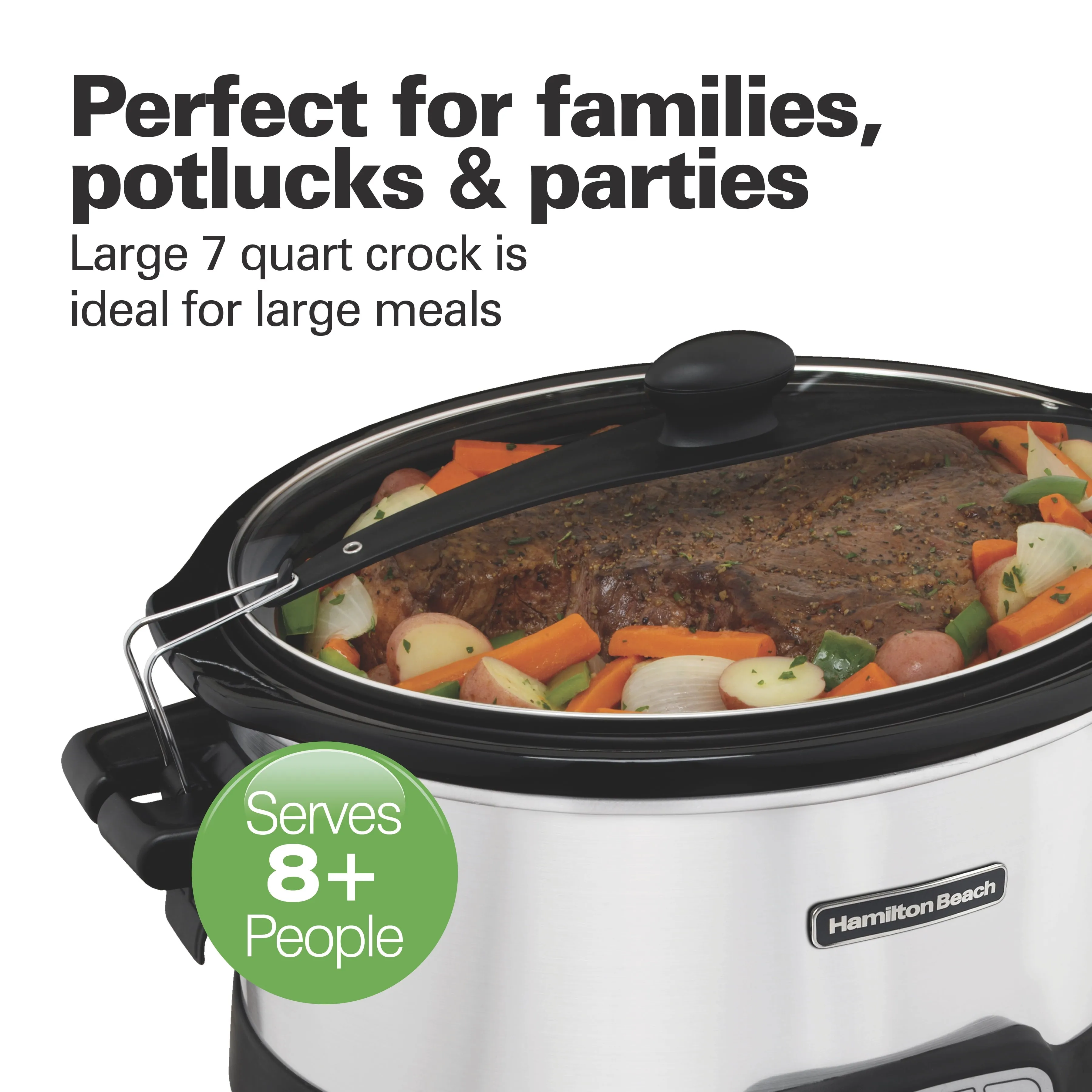 Hamilton Beach Programmable Slow Cooker, 7 Quart Capacity, Lid Lock for Portability, Dishwasher Safe Removable Crock, Silver